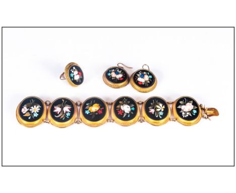 19thC Italian, Florentine Pietra Dura Gold Bracelet, 6 Oval Panels Depicting Foliate Decoration Within A Black Ground, Mounte