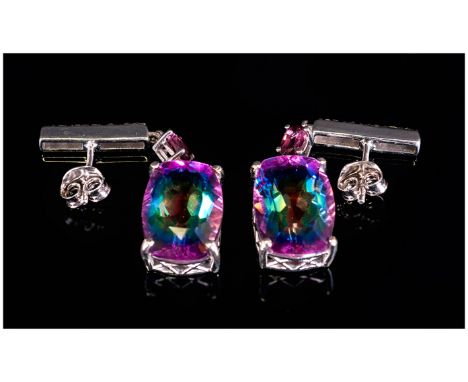 Rainbow Quartz, Rhodolite Garnet and White Topaz Drop Earrings, each earring comprising an elongated cushion cut rainbow quar