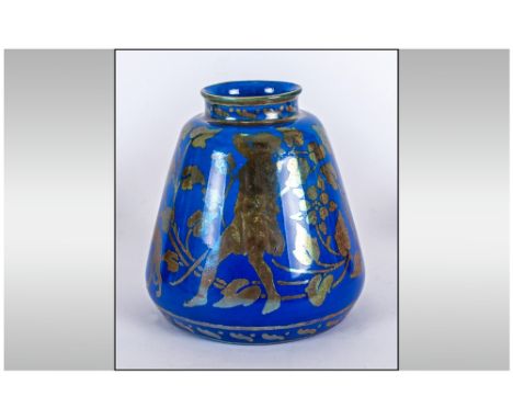 Pilkingtons Lustre Vase with images of Diana, a hunting dog and a stag amongst stylised leaves and branches on a blue ground;