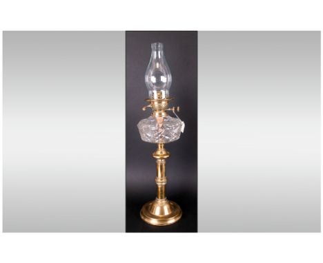 Impressive And Quality 19th Century Brass Twin Wick Table Oil Lamp with cut glass bowl. Complete with original glass shade. S
