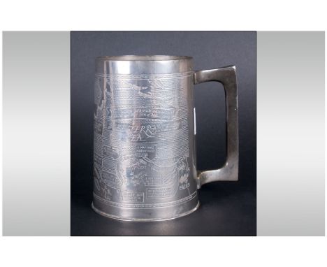 WWII Military Interest. Silver Plated Brass Tankard The Front Engraved Map Depicting Various Battles With Text. Engraved 'Bra