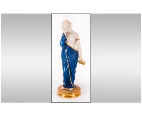 Royal Worcester Handpainted Porcelain Figurine Semi-Naked Classical Maiden Covered In A Loose Wrap and holding a small bird o