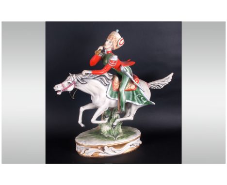Italian - 20th Century Large Hand Painted Ceramic Sculpture of a 19th Century Napoleonic Military Soldier on Horseback Leadin