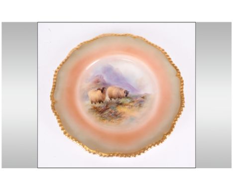 Royal Worcester Hand Painted Cabinet Plate date 1911 'Sheep in a Highland Setting'. Signed H Davies within a gold painted bor