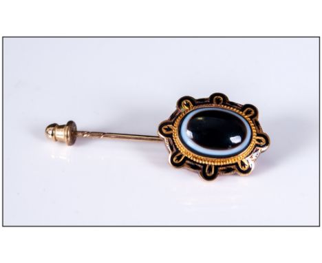 Antique 15ct Gold Quality Banded Agate Set Gentlemans Or Ladies Stick Pin, 2'' in height. 4.4 grams.