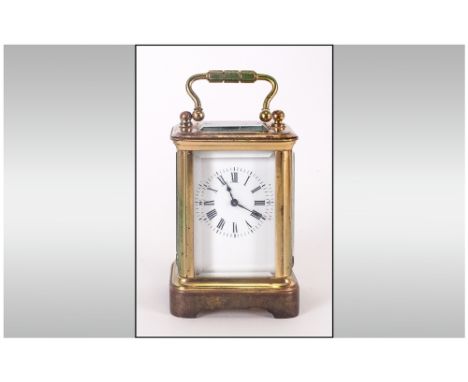 Enlgish 19th Century Good Quality Brass & Glass Panelled Miniature Carriage Clock with visable escapement and white porcelain
