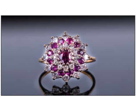 Ladies 18ct Gold Ruby and Diamond Cluster Ring. Flower head Setting. 