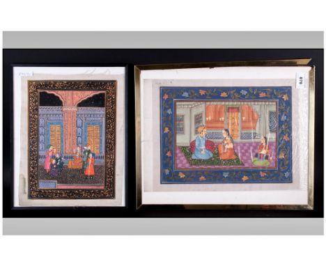 Two Indian Paintings On Cloth In The Mogul Style, one depicting a court scene with men drinking tea, 12x10''. A couple talkin