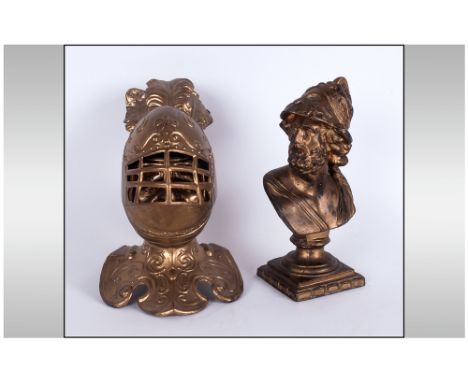 Unusual Gilt Metal Desk Inkwell with a knight wearing a visor, which when opened reveals a mans head and aperture for an inkw