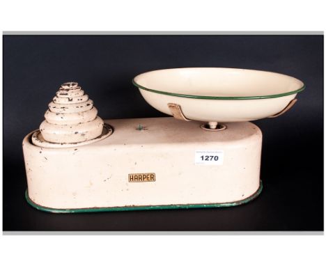 Harper Early To Mid 20thC Kitchen Scales With Enamel Tin Bowl And Set Of 7 Weights In Cream With Green Edge