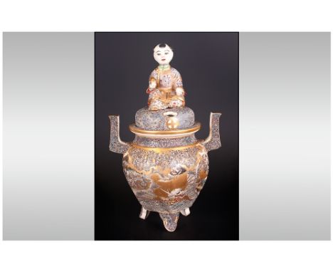 Extremely Fine Quality Japanese Satsuma Type Koro & Lid, finely decorated with coloured enamels and giltwork with wise men an
