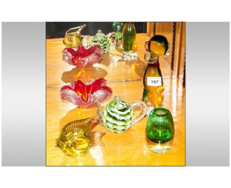 Murano Glass Moulded Red Crinkle Dish with gold flashes, Murano dog & fish, green Murano teapot paperweight & vase. (5)