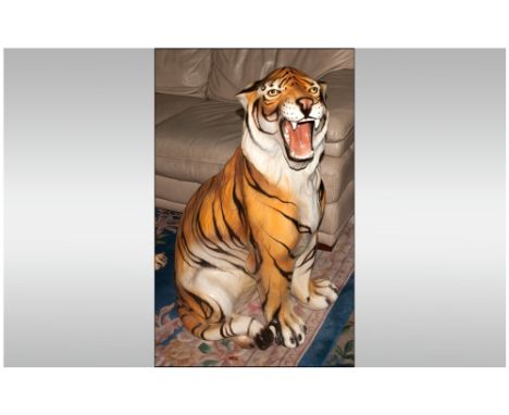 Italian - Life Size Ceramic / Porcelain Large Sculpture of a Roaring Tiger In a Seated Position. c.1970's. Height 37.5 Inches