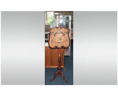 Victorian Rosewood Pole Screen Of Typical Form Turned Column, Raised On A Carved Tripod Base. With Scroll Terminals. Shaped &
