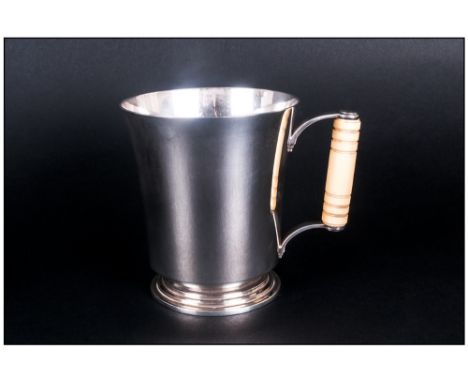 George V Fine and Impressive Silver Tankard / Mug with Ivory Handle and Stepped Base. Hallmark Birmingham 1934. Makers Olliva