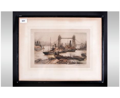 Tower Bridge Coloured Etching Of Ships In The Pool Of London, pencil signed to the margins by Henry G Walker & monogrammed to