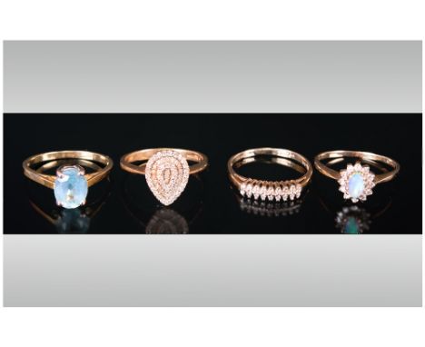 Collection Of Four Dress Rings, Comprising 2 9ct Diamond Chip Clusters, 9ct Gold Opal Set Dress Ring & 18ct Gold Blue Gem Set