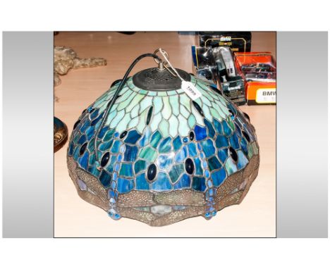 Tiffany Style Dragonfly Design Coloured Glass Ceiling Shade & Light Fitting. Predominantly Blues & Greens. 
