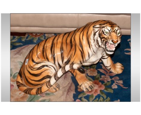 Italian - Very Fine Ceramic / Porcelain Large Sculpture of a Roaring Tiger. c.1970's. A Quality Figure In Excellent Condition