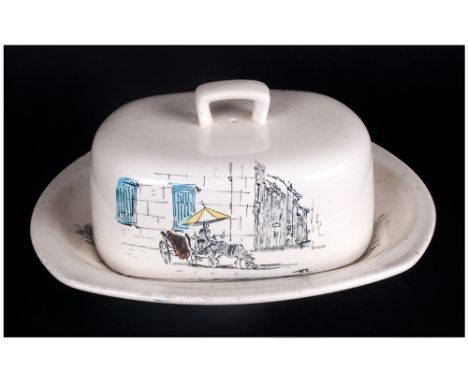 Midwinter Riviera Pattern Lidded Butter Dish. Drawings by Hugh Casson. Diameter 7 Inches. Unused Condition. 