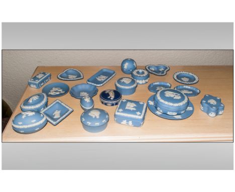Collection Of Wedgwood Blue Jasperware, 22 pieces in total. Mostly comprising lidded trinket pots & pin dishes.