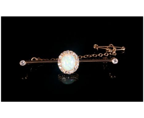 Antique 18ct Gold Diamonds & Opal Ladies Brooch With Safety Chain, The central Opal Surrounded by 20 Diamonds with diamonds t