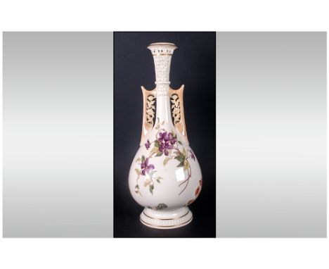 Royal Worcester Handpainted & Tall Two Handle Vase Signed By William Bee Worcester Fruit Artist. Date 1889. Stands 17'' in he