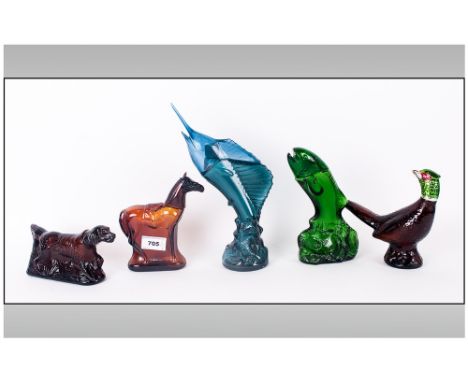 Five Vintage Coloured Glass Perfume Bottles By Avon, In various animal forms. Leaping Marlin & Salmon, Pheasant, Pointer Dog 