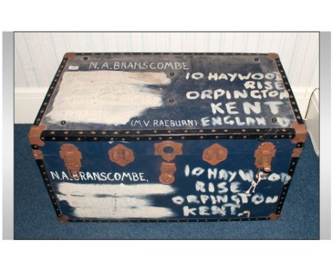 Large Travelling Trunk, With Metal Hinges And Lock Plate, blue leatherette covered. 36'' in width, 20'' in height, 20'' in de