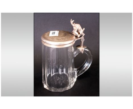 German Antique Silvered Metal Stein the lid depicting a goat holding a tankard. The lid engraved with the Greek Key Pattern, 