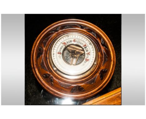 1920's Circular Barometer, Carved Walnut Case, Diameter 7½ Inches