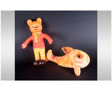 Vintage Steiff Flossy Goldfish from the 1960's around 11 inches long with bitten and old vinyl squeaky bear,