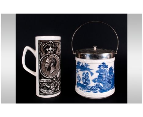 Royal Worcester Biscuit Barrel WIth Plated Lid & Handle, with a printed willow pattern design to the body. Together with a Ho