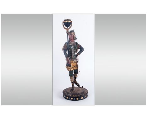 Late 19thC French Hand Painted Spelter Candlestick Holder in the form of a woman wearing mostly Roman uniform.