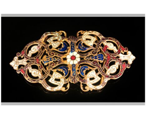 Art Nouveau Enamelled Buckle, red, blue and cream enamel on an openwork backing; 4 inches wide (some enamel missing)