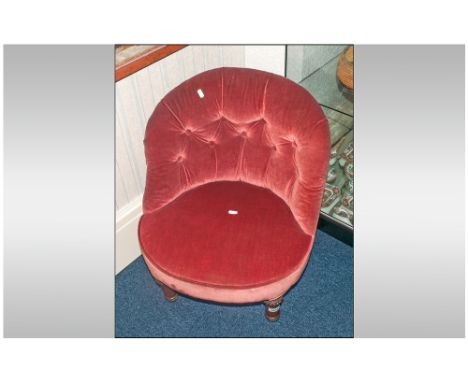 Small Victorian Ladies Bedroom Chair, Short Walnut Turned Legs With Brass Castors. Padded Seat & Button Back Backrest. 