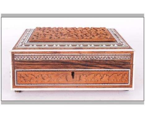 Indian Antique Sadeliware Trinket Jewellery Box Carved With floral decorations, Edged in ivory Mirrored Interior With Musical