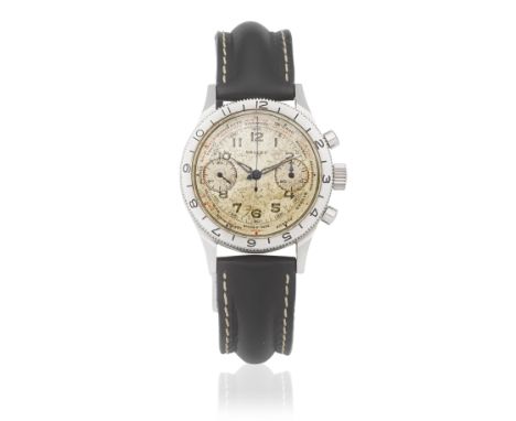 Gallet. A rare stainless steel manual wind chronograph wristwatch with world time zonesModel: Flying Officer ChronographDate: