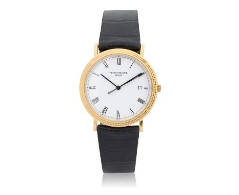 Patek Philippe. An 18K gold quartz calendar wristwatch with hobnail bezelModel: CalatravaReference: 3944Date: Circa 1982Movem