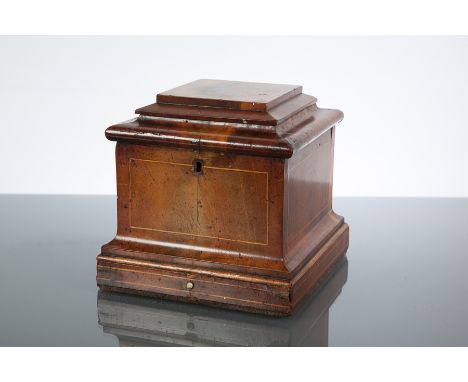 GEORGE III LINE INLAID SQUARE TEA CADDY
with caddy top and base drawer, 17cm high