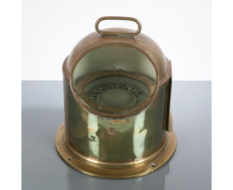 EARLY 20TH CENTURY BRASS YACHT'S COMPASS BINNACLE
with carrying handle and white enamel compass card, 26cm high