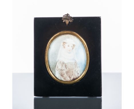 19TH CENTURY PORTRAIT MINIATURE OF MARY QUEEN OF SCOTS
oval within a brass mount and ebonised rectangular frame, label verso 
