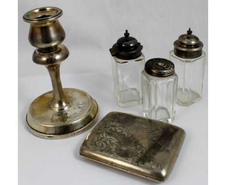Silver candlestick 1906, silver cigarette case 1925, silver topped glass pots and watch chain