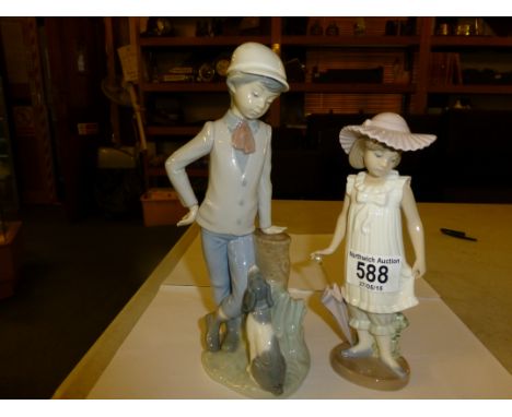 Two Nao figurines of girl with parasol and boy with dog