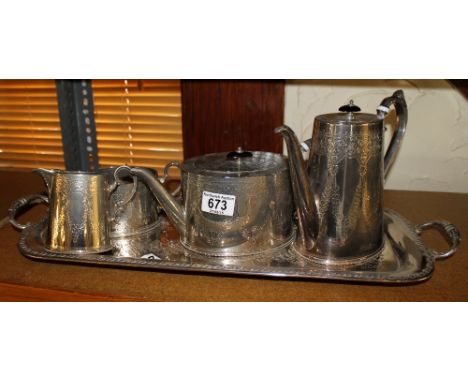 Heavy silver plate tea service with tray engraved with floral swags, made by Walker & Hall