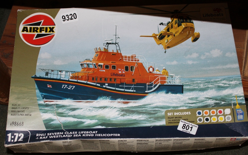 Airfix 1;72 model kit of RNLI Severn Class lifeboat and RAF Westlaid Sea King helicopter