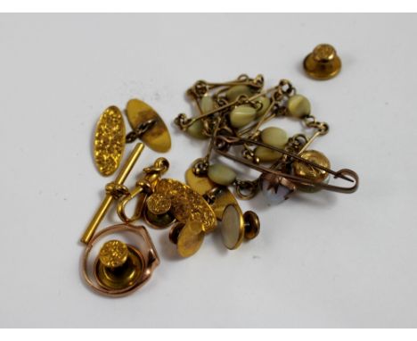 9ct gold ring, watch fob clasp and T bar, cufflinks, yellow metal and mother of pearl necklace and 16g of hallmarked gold