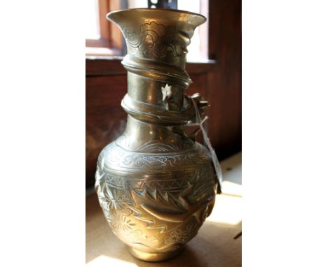 Brass vase with dragon chasing pearl design in high relief, four character stamp mark to base