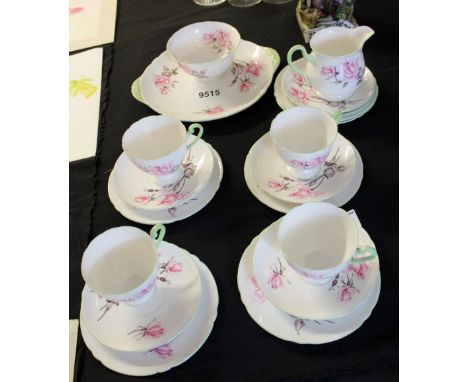 Shelley 1950s tea service with four trios, cake plate, milk and sugar