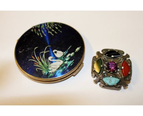 Miracle agate brooch and a  Stratton compact with enamelled swan decoration
